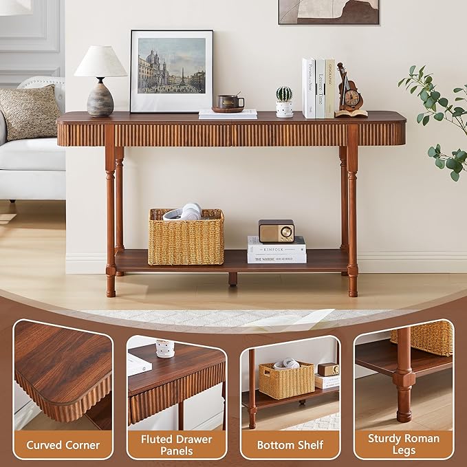 63”Console Table with 2 Drawers, Farmhouse Entryway Table with Fluted Panel & Storage Shelf,Narrow Long Behind Couch Tables Accent Sofa Table with Solid Wood Legs for Living Room Foyer Hallway(Walnut)