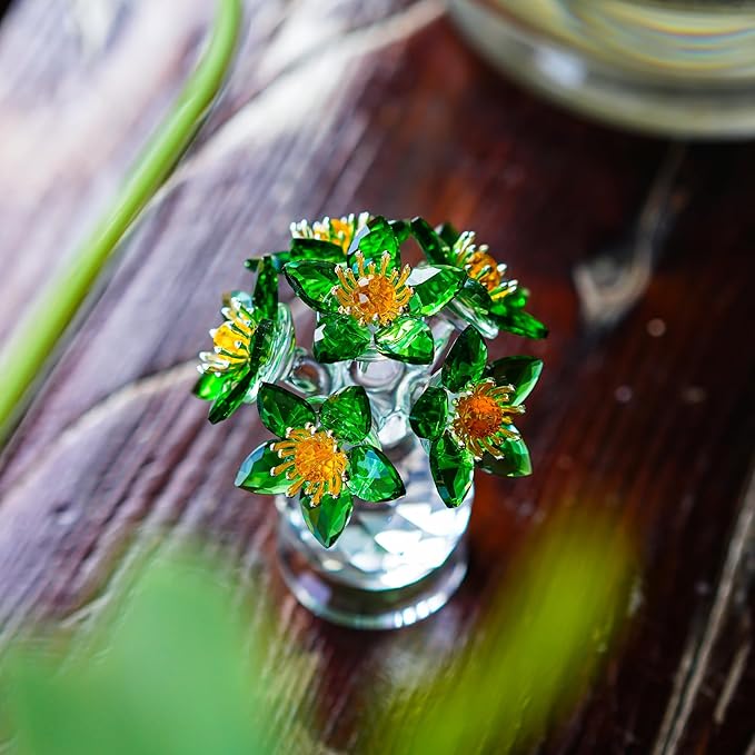 Handcrafted Green Crystal Flower Figurine Christmas Home Decor Elegant Tabletop Centerpiece for Office Desk Unique Gift for Women Mom Wife