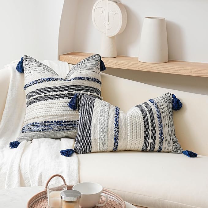 BlissBlush Decorative Lumbar Throw Pillow Cover 14x24 Boho Dark Blue Accent Cushion for Couch Sofa Farmhouse Pillowcase for Bedroom Living Room Home Décor Cover ONLY