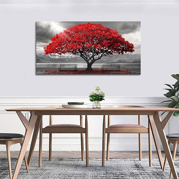 AJAZIKO Red Wall Art - Modern Framed Wall Art for Living Room - Red Tree Black and White Landscape Canvas Prints Posters & Prints for Home Office Bedroom Decorations - Large Wall Pictures 24×48IN