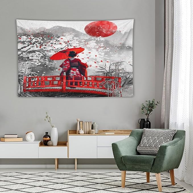 Japanese Red Geisha Tapestry Asian Cherry Blossom Red Sun Traditional Kimono Folk Tapestries Home Decor for Living Room Bedroom Apartment Farmhouse Dorm 90"x60"