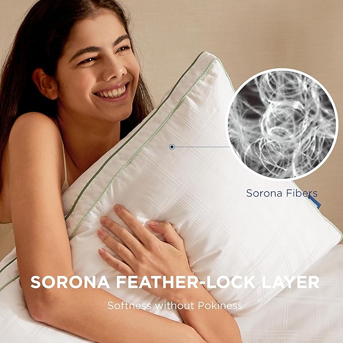 Bedsure Luxury Goose Feathers Down Pillow - 300 Thread Count Cotton Cover Gusseted Hotel Collection Bed Queen Pillow, Ultra-Soft High Elasticity Sorona Fiber Layer Pillows (2, Green, Queen)