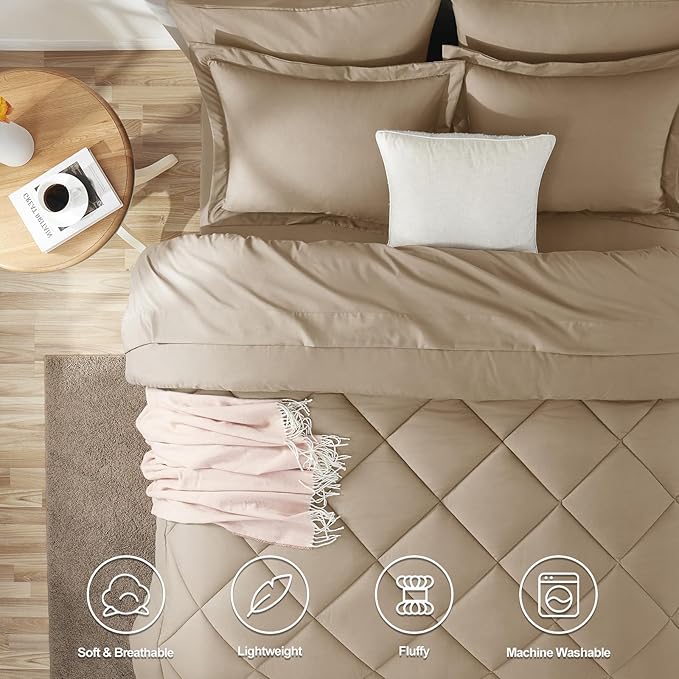 CozyLux Full Size Comforter Sets Taupe - 7 Pieces Bed in a Bag Full, Luxury Soft Bed Set for All Seasons, Bedding Set with Down Alternative Comforter, Sheets, Pillowcases & Shams