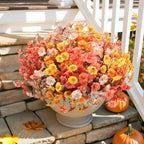 Artificial Mums for Outdoors Fake Fall Flowers Plants for Autumn Decoration, 12 Bundles Silk Morning Glory with Eucalyptus Look Real UV Resistant Faux Mums for Outside Planters Yard Patio Porch, Mix