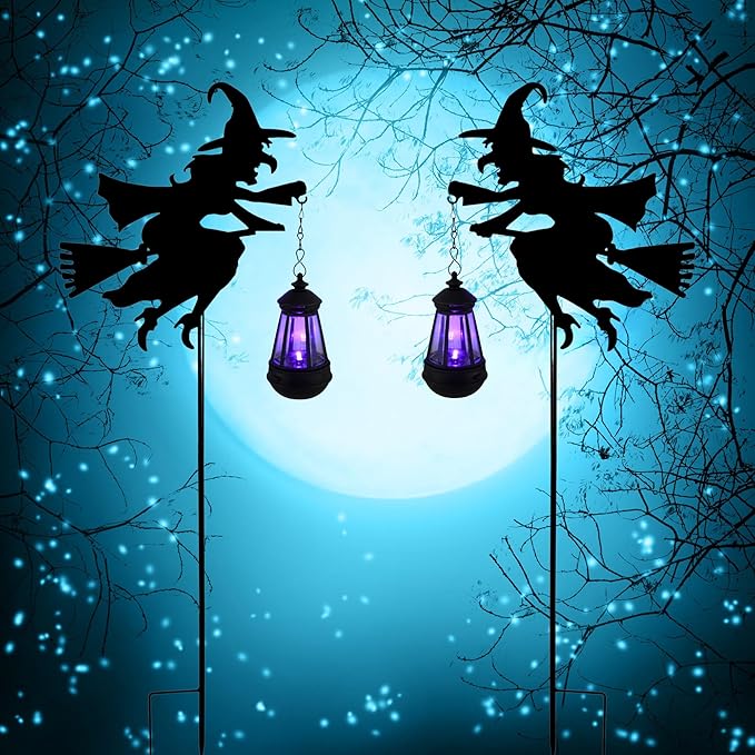 Fairy Garden Accessories Lawn Ornaments 1 Pair - Solar Lights Halloween Decorations Outdoor Garden Statue, Metal Stakes Decorative Figurines for Yard Decor, Patio (Witch)