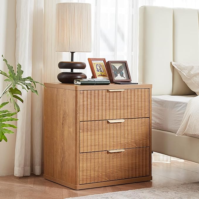 LEYAOYAO Fluted Nightstand Set of 2 with Charging Station,23" Modern Nightstand with Woodgrain Top, 3 Drawer End Table w/Storage, BedsideTables for Bedroom, Living Room, Curved Profile,Brown