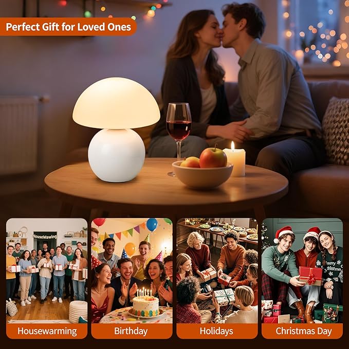 Mushroom Table Lamp, Ceramic Base with Milky White Glass Shade, Vintage Dimmable Bedside Nightstand Lamp for Bedroom, Reading, Home Décor, Gift for Friends White