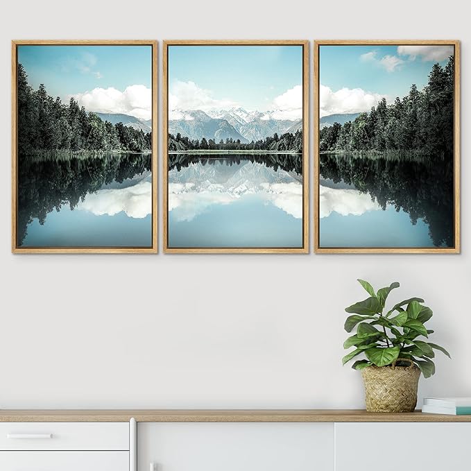 SIGNWIN Framed Canvas Print Wall Art Set Blue Pine Tree Forest Lake Reflection Nature Wilderness Photography Realism Decorative Scenic Rustic Chic for Living Room, Bedroom, Office - 24"x36"x3 Natural