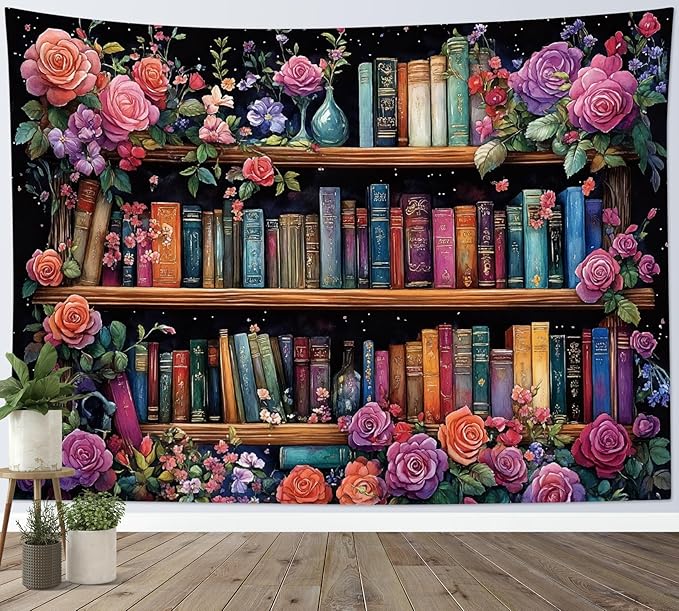 HVEST Bookshelf Tapestry Wall Hanging Pink Floral Green Leaf Watercolor Plant Botanical Aesthetic Tapestry Vintage Library Book Tapestries for Bedroom Living Room Dorm, 51L x 59W Inches