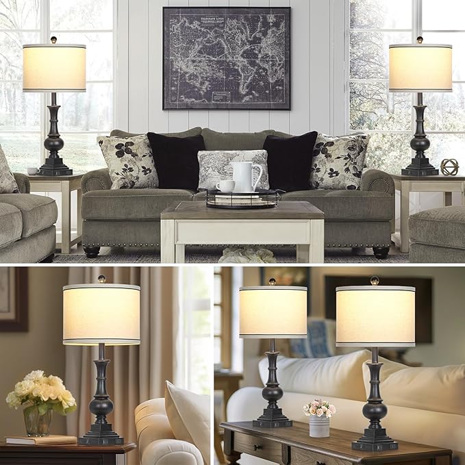 Farmhouse Lamps Set of 2, Antique Vintage Rustic Touch Control Table Lamps with USB A+C Ports & AC Outlet, Retro Classic Bedside Nightstand Lamp for Living Room Bedroom Office Black