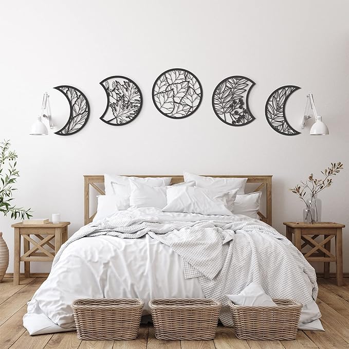 Jetec 5 Pcs Moon Phase Wall Art Decor Wall Pediments Hanging Wooden Moon Phase Spiritual Bedroom Nordic Boho Lunar Aesthetic Art for Living Room Dorm Apartment Bar Ornament(Black,10.6 Inch)