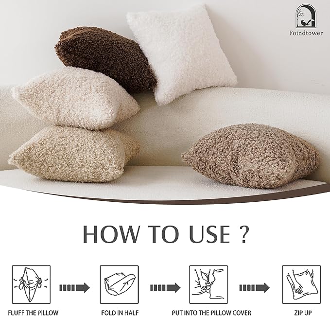 Foindtower 2 Pieces 20x20 Inch Light Khaki, Faux Fur Throw Pillow Cover Accent Sherpa Pillow Fuzzy Soft Pillowcases Sheepskin Decorative Fleece Cushion Case for Bed Couch Living Room