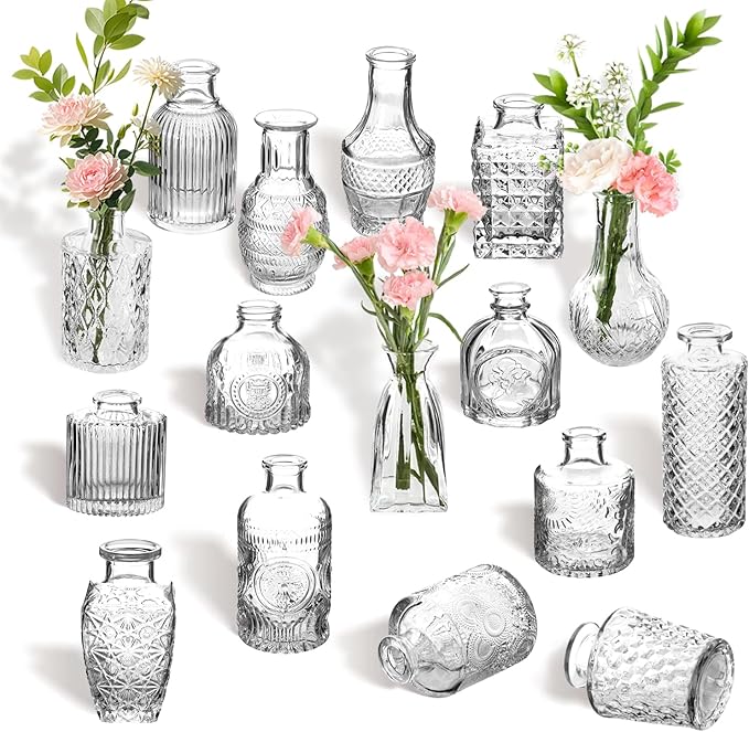 16Pcs Clear Glass Bud Vases Bulk - Mini Vintage Bottle Set, Modern Small Flower Vases for Wedding Centerpieces, Dining Table Decor, Home Room Party Reception