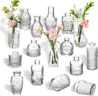 16Pcs Clear Glass Bud Vases Bulk - Mini Vintage Bottle Set, Modern Small Flower Vases for Wedding Centerpieces, Dining Table Decor, Home Room Party Reception