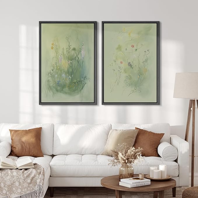 SIGNFORD Framed Canvas Print Wall Art Set Whimsical Green Wildflower Illustration Modern Art Decorative Nordic Nature for Living Room, Bedroom, Office - 16"x24"x2 Black