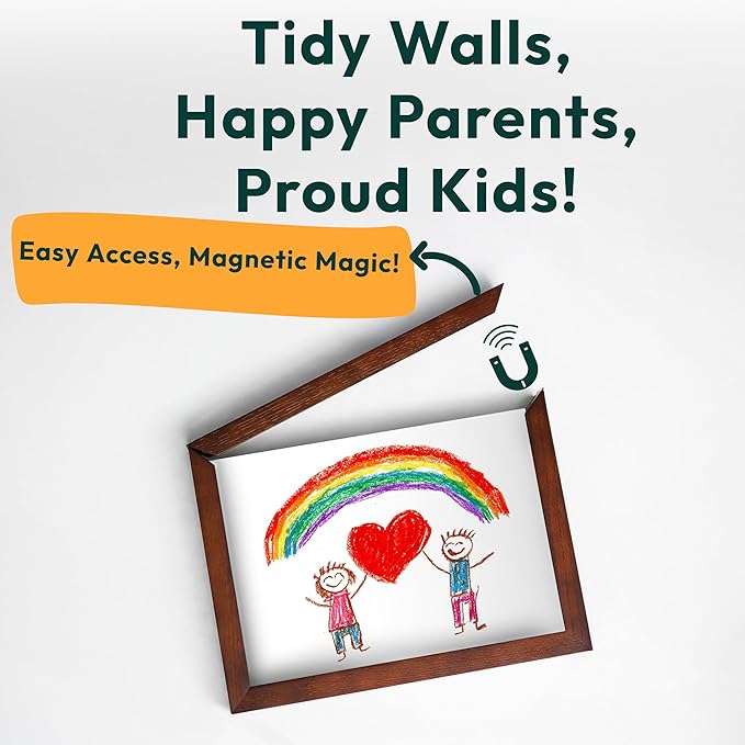 Kids Art Frames 8.5x11, Front Opening Artwork Display Frame for Kids’ Creations – Brown Changeable Frame Holds 250+ Pieces, Show & Store Kids Art, Crafts, and 3D Projects, Easy Wall Hanging