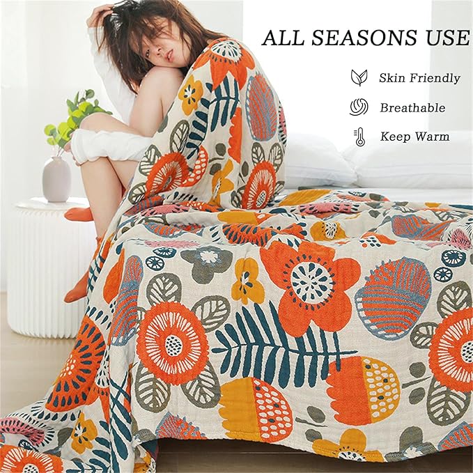 Cotton Throw Blanket for Couch Bed 100% Cotton Quilt 90''x 98'', Boho Floral Blanket Cozy Soft Muslin Farmhouse Bed Blanket Decorative Christmas Blankets Gifts for Women Mom