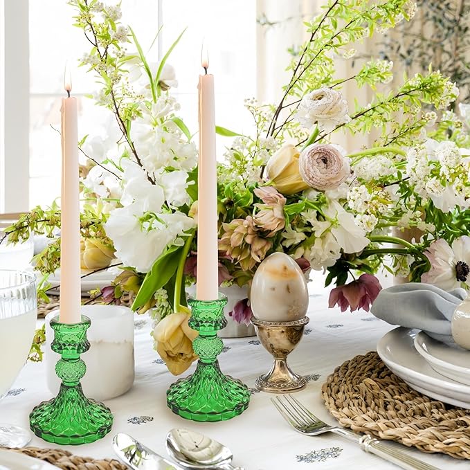 Glass Candlestick Holder,Striped Taper Candle Holders,Set of 6 Candle Stand for Table Centerpieces, Home Decor,Weddings,Festival and Parties (Green Dimond Pattern)