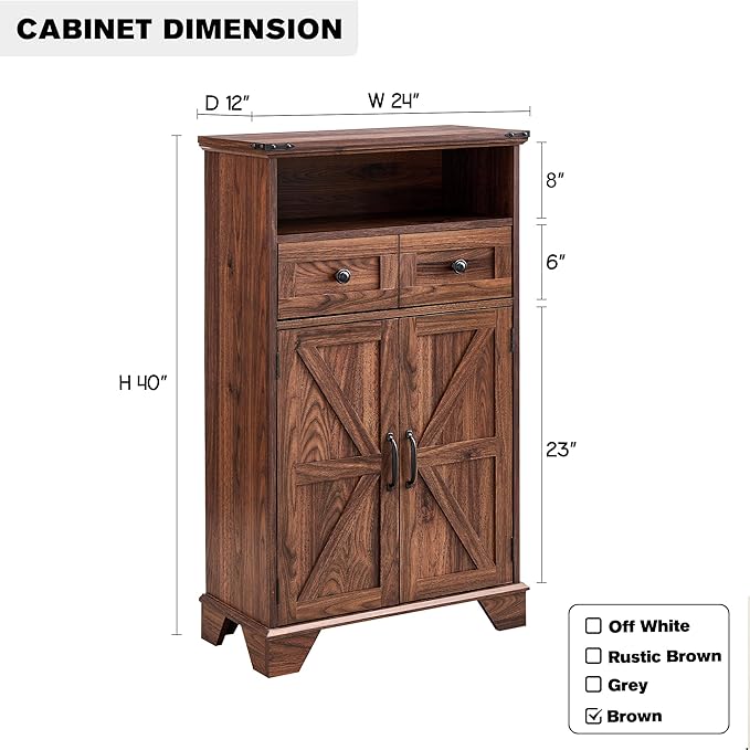 Farmhouse Bathroom Storage Cabinet, 24" Wide Floor Cabinet w/Barn Doors, Adjustable Shelf & Drawer, Cabinets for Bathroom, Kitchen, or Living Room, Brown