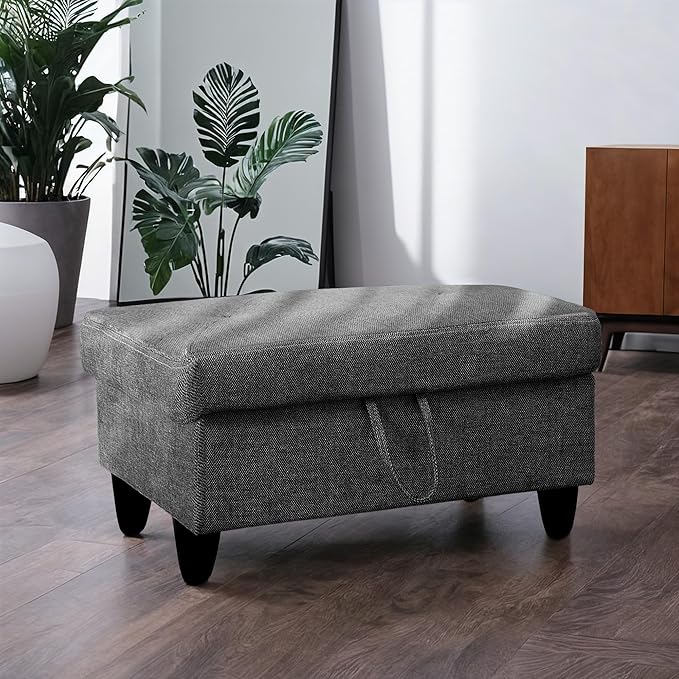Ottoman Rectangular Storage Ottoman Bench, Flannel Footrest Stool Footstool with Lid for Living Room, Bedroom, Entryway, Black Gray, 28.5"x19"x17.5"