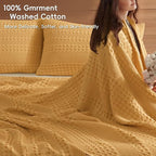 PHF 100% Cotton Waffle Weave Blanket Queen Size for Bed, Lightweight Washed Cotton Blanket - 90"x90" Aesthetic Soft Woven and Breathable Blanket for Sofa Home Decor - Ginger Yellow