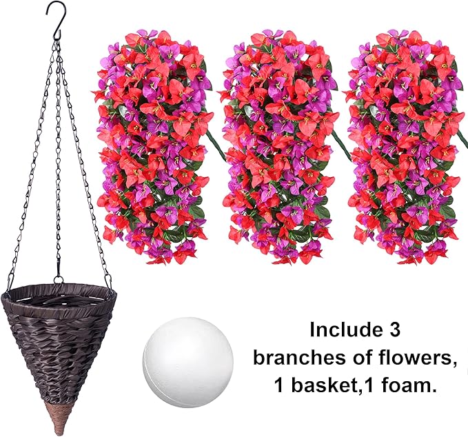 Artificial Bougainvillea Faux Flowers Plants Baskets for Outdoor Outside Decoration, 3PCS Fake Silk Flowers Long Trailing Vines UV Resistant Realistic for Front Door Porch Patio Balcony, PurpleRed