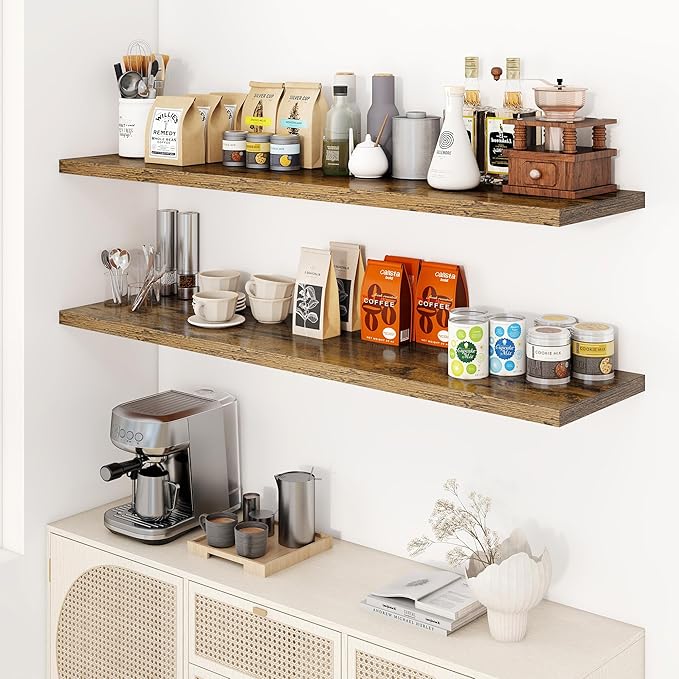 Dreamland 55" Floating Shelves for Wall, 12" Deep Slim Rustic Brown Floating Shelves, Wall-Mounted Shelves for Bedroom, Living Room, Kitchen, Bathroom - Set of 2