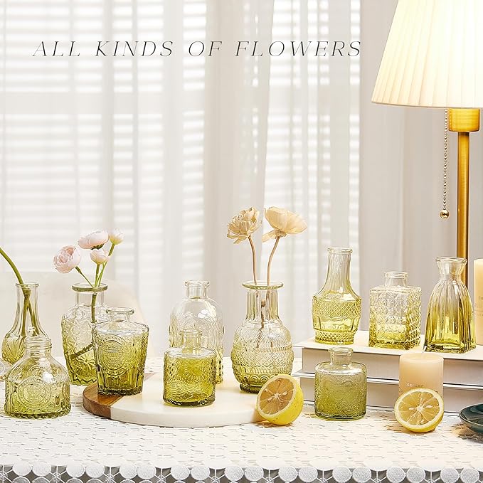 Glass Bud Vase Set of 24, Small Flower Vases, Glass Vases for Centerpieces, Vintage Home Table Decorations Bud Vases (24 Pcs, Green)