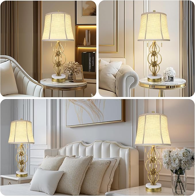 Scenekoy 27.75” Iron Art Table Lamp Set of 2 for Bedroom Living Room, Gold Leaf Night Stand Bedside Lamps with USB Ports, Pull Chains Modern Nightstand Lamp Line Shade for Home Decor (Bulbs Included)