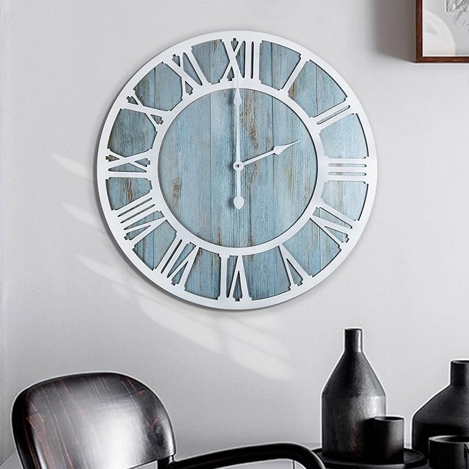 1st owned Wall Clocks for Living Room Decor,24" Vintage,Round Silent Non Ticking,Black Metal,Modern Wood Clocks for Home Bedroom,Kitchen,Garden,Office,Cafe,Modern Wall Decoration -Roman Numerals