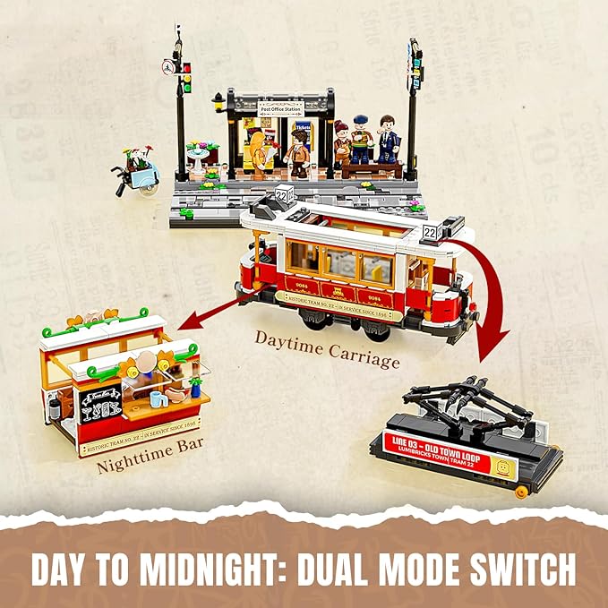 Heritage Tram and Station Lighting Building-Bricks Set - 1274 Pcs City Streetcar Modular Collection Old Town Downtown Display Model for Adults & Teens & Tram Enthusiasts