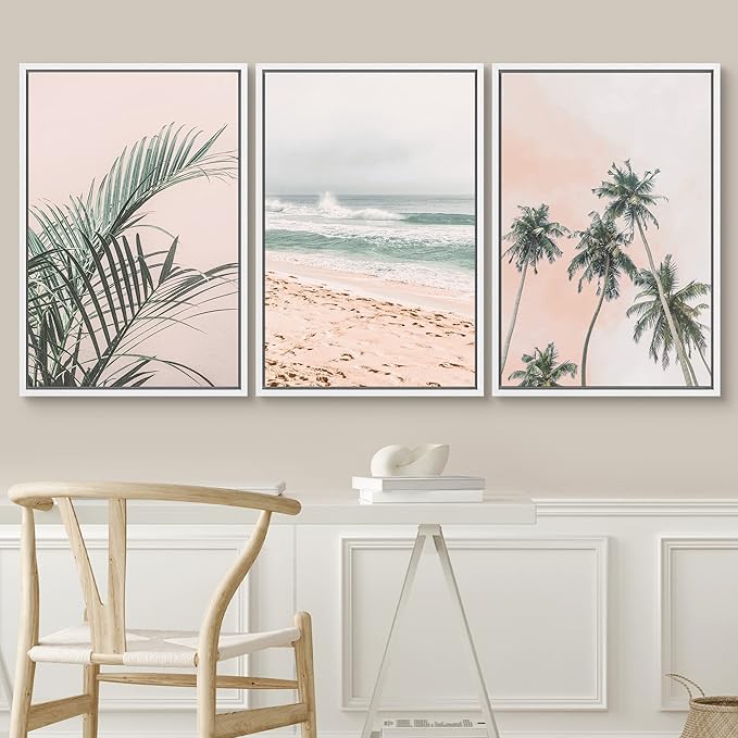 SIGNWIN Framed Canvas Print Wall Art Set Tropical Palm Leaf Beach Ocean Shore Landscape Nature Wilderness Photography Modern Art Realism Decorative for Living Room, Bedroom, Office - 16"x24"x3 White