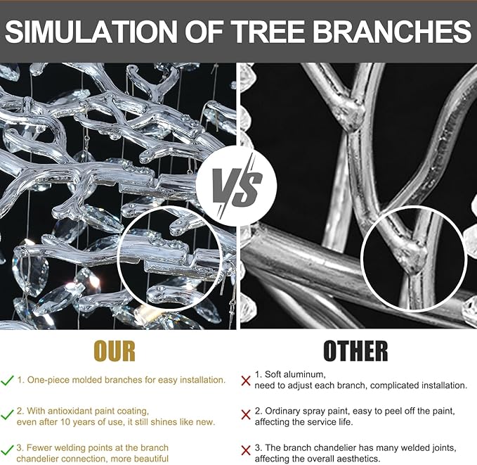 Modern Crystal Silver Chandelier, 55" Large Rectangular Oval Tree Branch Crystal Chandeliers for Dining Room,16-Light Flush Mount K9 Crystal Chandeliers, for Kitchen Island,Dining Room