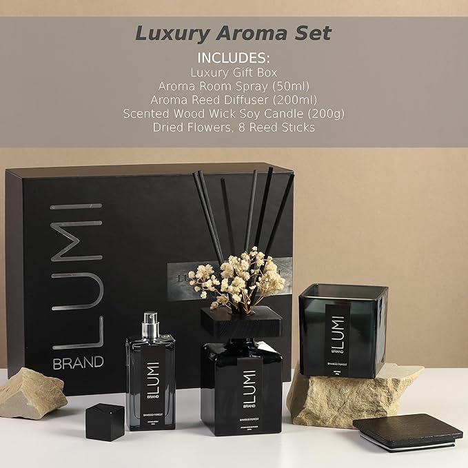 Luxury Aroma Gift Set | Bamboo Forest | Reed Diffuser (200ml), Wood Wick Soy Candle (200g), Room Spray (50ml) | Includes Dried Flowers & 8 Reeds | Home Fragrance Gift for Women, Men & Home Decor