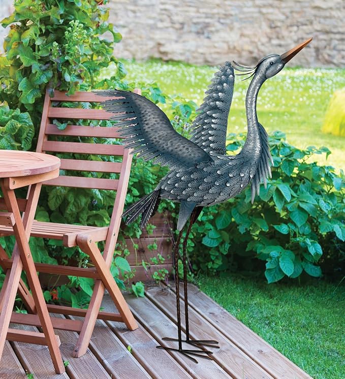 Regal Art & Gift Outdoor Garden Décor, Unique Bird Sculpture, Rustic Metal Bird Statues, Garden Ornaments, Bird Figurine for Lawn, Decorative Sculpture, Heron, Blue, Wings Up, 47"height