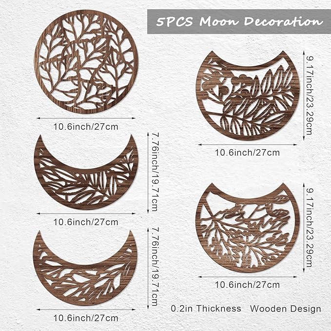 Jetec 5 Pcs Moon Phase Wall Art Decor Wall Pediments Hanging Wooden Moon Phase Spiritual Bedroom Nordic Boho Lunar Aesthetic Art for Living Room Dorm Apartment Bar Ornament(Brown,10.6 Inch)