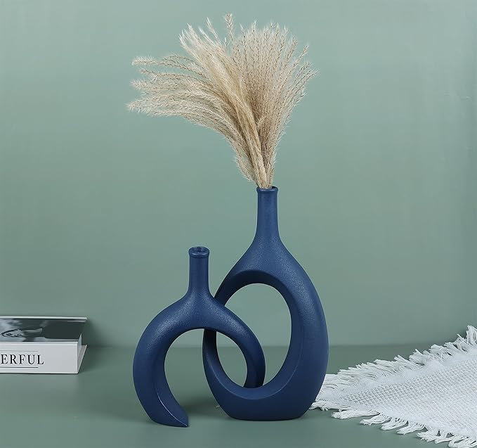 Blue Ceramic Vase Set of 2 - Modern Navy Blue Vase for Dining Table Centerpieces, Farmhouse and Home Decor, Office Partitions, Mantelpiece, Entrance Decoration