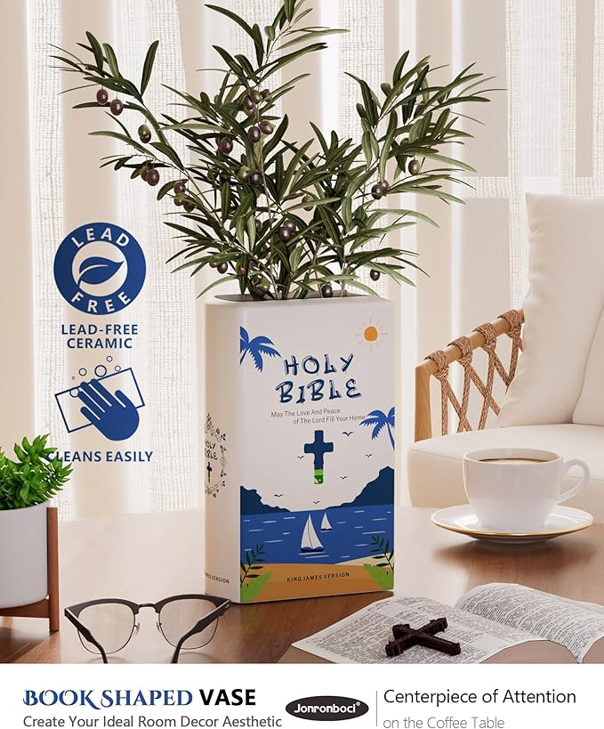 Bible Blessings Summer Flower Vase - Modern Ceramic Book-Shaped Vase for Flowers - Christian Desk Decor for Prayer Room, Dining Table, Coffee Table, Entryway Console, Religious Gifts(Blue Summer, XL)