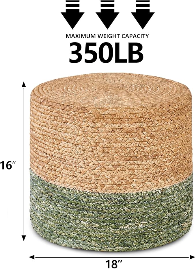 Wimarsbon 18'' Ottoman Pouf, Natural Braided Poof, Rustic Handweave Lounge Pouffe, Boho Footrest Stool for Bedroom, Accent Table for Living Room (Natural Water Hyacinth + Green Corn Husk)