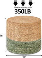 Wimarsbon 18'' Ottoman Pouf, Natural Braided Poof, Rustic Handweave Lounge Pouffe, Boho Footrest Stool for Bedroom, Accent Table for Living Room (Natural Water Hyacinth + Green Corn Husk)