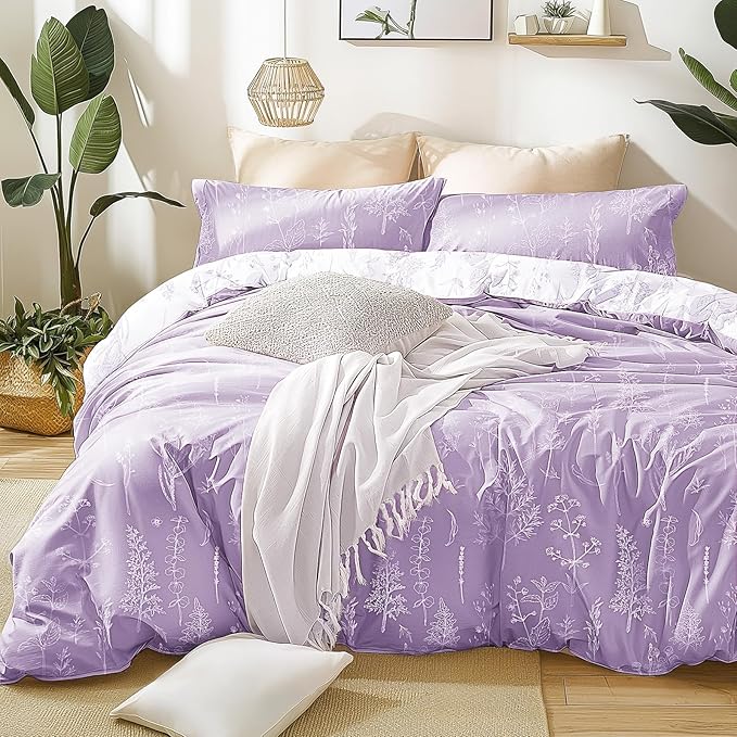Love's cabin Lavender Full Comforter Set - Full Size Comforter Set, 3 Pieces Cute Floral Bedding Sets for All Seasons,1 Soft Reversible Botanical Flowers Comforter and 2 Pillow Shams