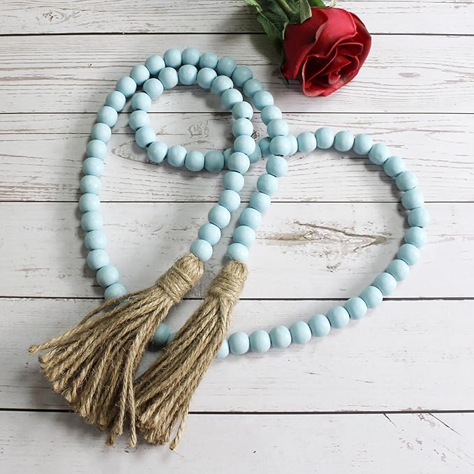 CVHOMEDECO. Wood Beads Garland with Tassels Farmhouse Rustic Wooden Prayer Bead String Wall Hanging Accent for Home Festival Decor. Teal Distressed