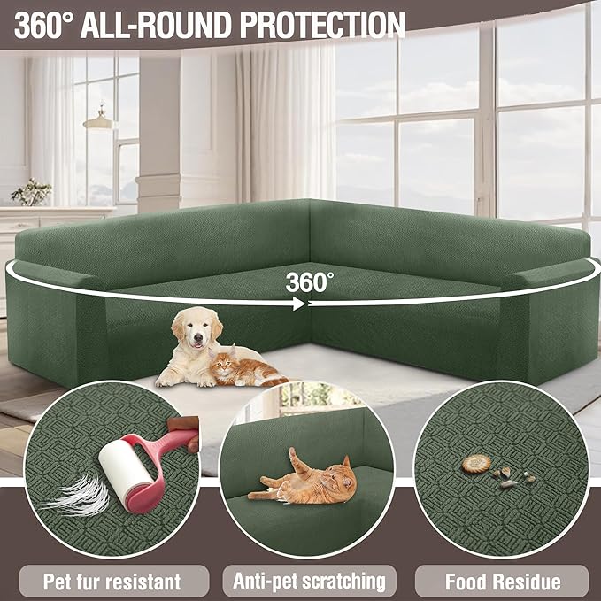 HDCAXKJ Sectional Couch Cover L Shape Stretch Sofa Covers Washable Jacquard Corner Couch Slipcover Non Slip Sectional Slip Cover U Shaped Furniture Protector for Pets Dogs (Army Green, X-Large)