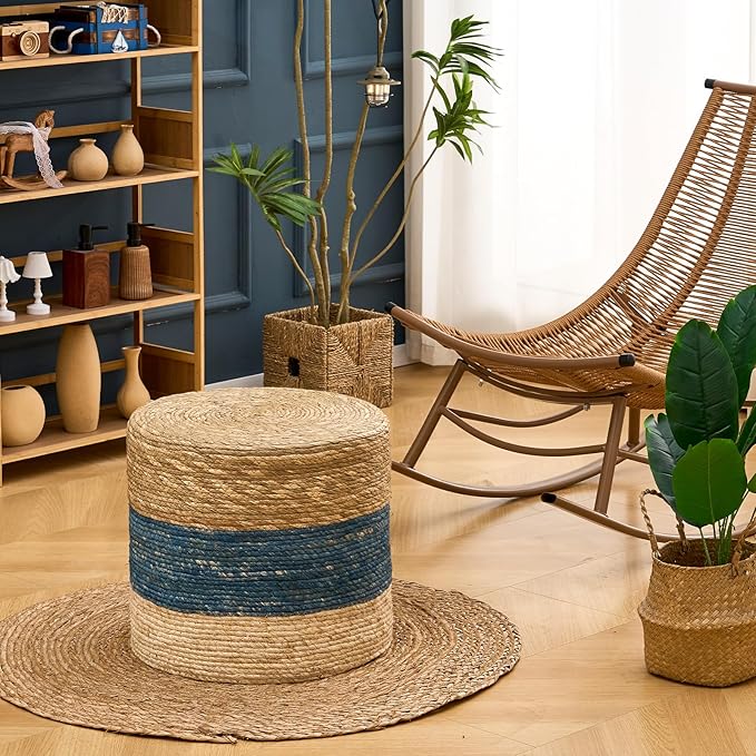 Wimarsbon 18'' Ottoman Pouf, Natural Braided Poof, Rustic Handweave Lounge Pouffe, Boho Footrest Stool for Bedroom, Accent Table for Living Room (18inch Natural Cattail + Blue Corn Husk)