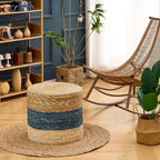 Wimarsbon 18'' Ottoman Pouf, Natural Braided Poof, Rustic Handweave Lounge Pouffe, Boho Footrest Stool for Bedroom, Accent Table for Living Room (18inch Natural Cattail + Blue Corn Husk)