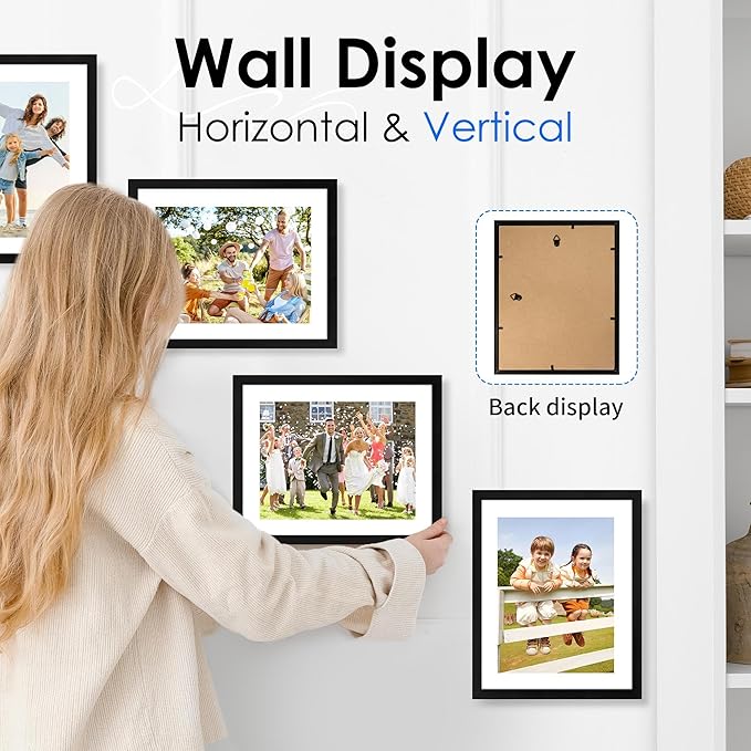 FIXSMITH 8.5x11 Picture Frame Set of 4, Photo Frame with HD Plexiglass, Display Pictures 6x8 with Mat or 8.5x11 Without Mat, Black Picture Frames Collage Wall Decor, Gallery Wall Frame