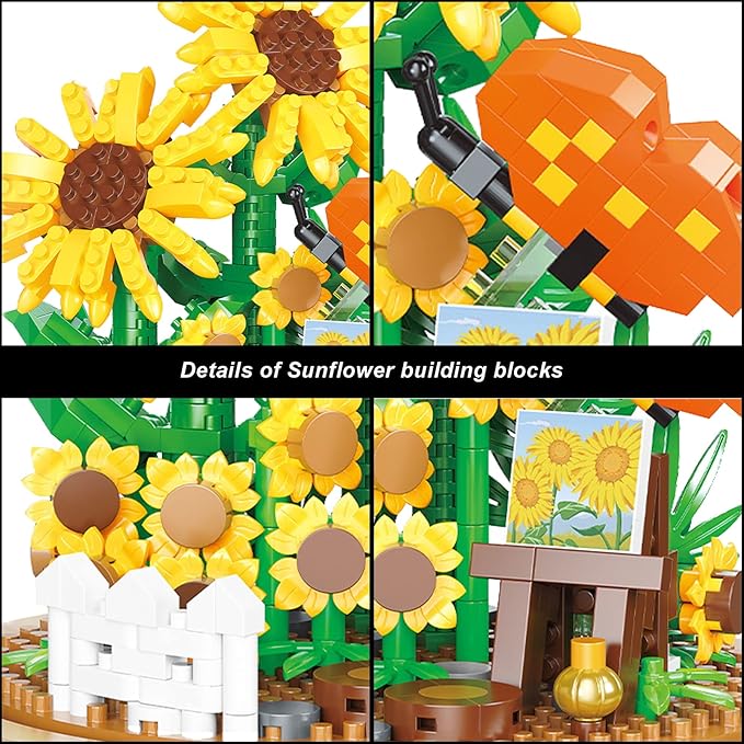 Sunflower Flower Bouquet Building Toy Mini Bricks Flowers Set Adult Botanical Collection Friends Set DIY Plants Bonsai Tree Valentine's Christmas New Year Birthday for Women