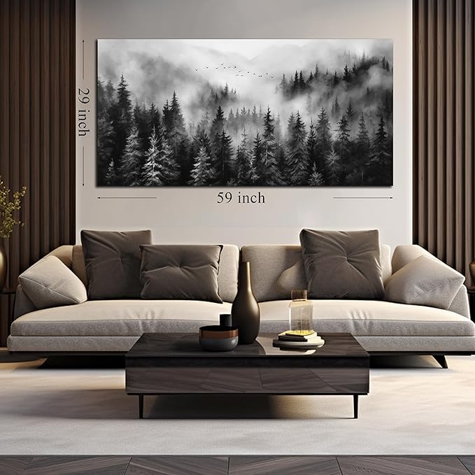 Large Pictures for Living Room Foggy Forest Canvas Wall Art for Bedroom Black Home Office Wall Decor 29 x 59 Inch