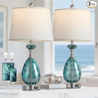 Coastal Glass Table Lamps Set of 2, 3-Way Dimmable Touch Control Nautical Lamp with USB A+C Ports,Bedside Lamp Beach Decor,Nightstand Lamp with White Shade for Living Room Bedroom(LED Bulbs Included)