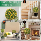 25" Artificial Boxwood Topiary Ball Fall Autumn Tree with Yellow Flowers，Fake Mums Plants with Ground Spike，Set of 2 UV Resistant Faux Bushes, Faux Shrubs for Garden, Patio, Porch, Yard, Indoor